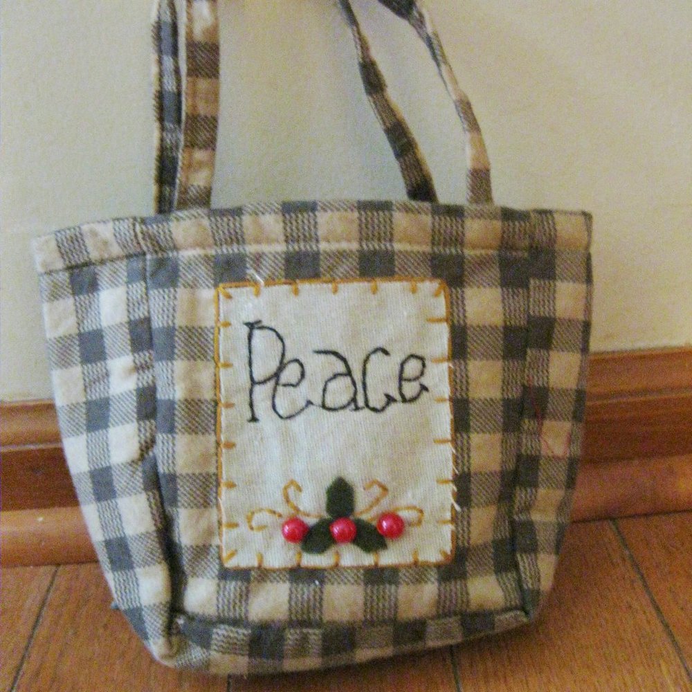 Primitive Hearts Small bag Purse Tote Cottagecore Plaid "PEACE"